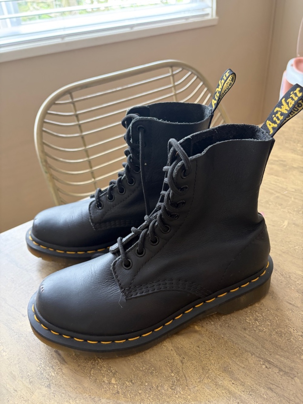 Dr. Martens Black Leather Lace-Up Boots with Yellow Stitching - Picture 3 of 6